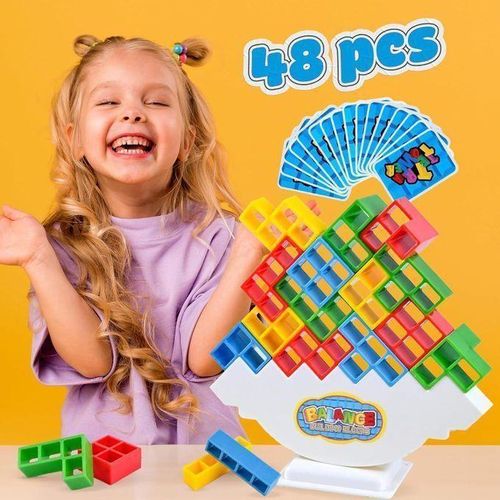 Balance and Matching Game 48 Colorful Blocks with Challenge Cards Educational Toy for Children to Develop Fine Motor Skills and Concentration Ideal for Indoor Table Play Suitable for Ages 3 and Up