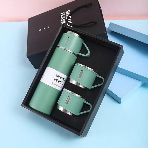 Stainless Steel Thermos Set with 3 Cups (500ml), Keeps Drinks Hot or Cold for Hours, Suitable for Travel, Outdoor Adventures or Office Use (Green)