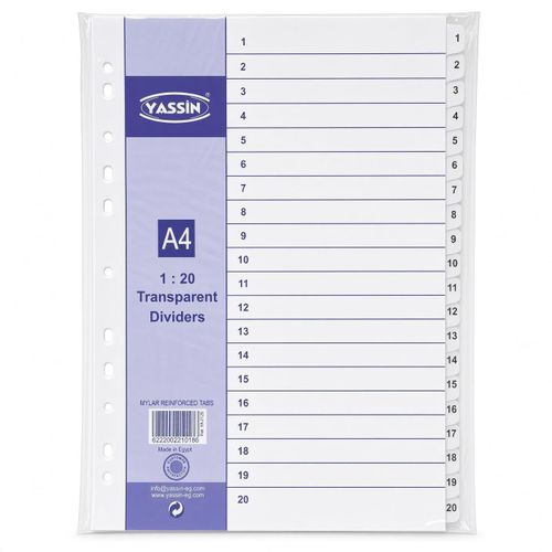 A4 Transparent Dividers 1–20, 20-Tab Index Separators with Mylar Reinforced Tabs - No: 2120