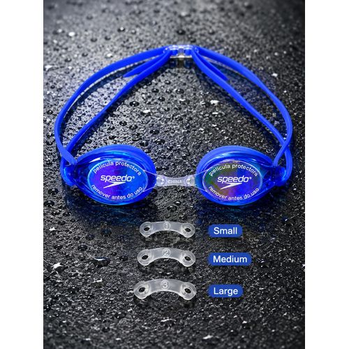 Adult swimming goggles with anti-fog mirrored lenses and UV protection – 3 nose bridge sizes S/M/L, white silicone strap