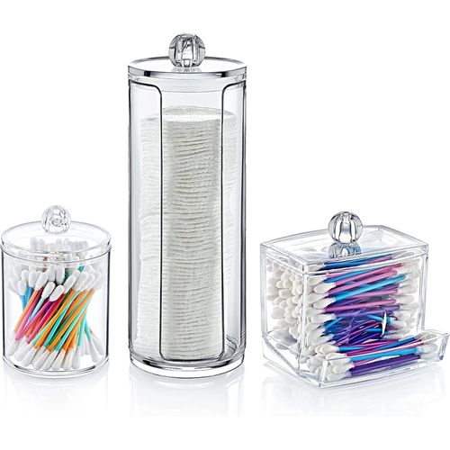 3 Piece Clear Acrylic Makeup Organizer Set with Lid – Cotton Pads, Cleaning Sticks and Cosmetics, Perfect for Organizing Bathroom and Vanity in Stylish and Practical Style