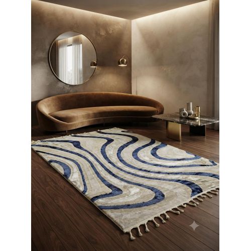 Turkish Modern Heavy Rug, Durable Material, Navy Blue & Beige, 200x280 cm