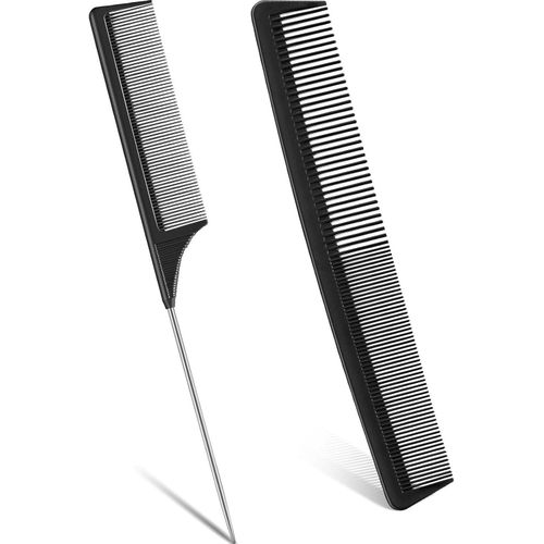 2 Pieces Black Cutting Combs Fine Tooth Combs Pin Tail Combs Carbon Fiber Combs Anti-static Rat Tail Combs Hair Styling Combs Sectioning Combs Set for Thick, Long, Wet or Curly Hair