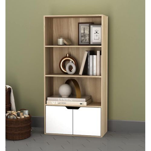 4-Tier Wide Wooden Bookcase Cupboard with 2 Doors, a versatile Storage Shelving Display Unit for Living Room or Office, finished in a classic Oak - Brown x White