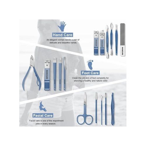 Professional Nail Clippers Pedicure Kit, Stainless Steel Nail Care Tools, Grooming Kit with Luxurious Travel Leather Case for Thick Nails Men Women Gift (16PCS, Blue)