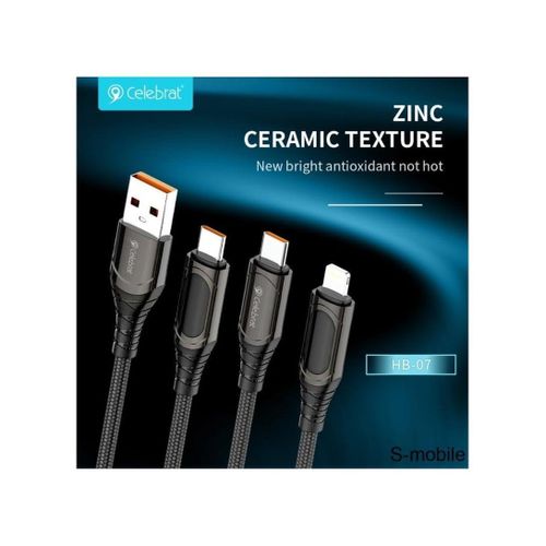 Celebrat HB-07L Portable Type-C To Lightning Fast Charge And Data Transmission Cable With Braided wire Design And Intelligent Digital display Fits Mobile Phone 20W 1200mm- Black