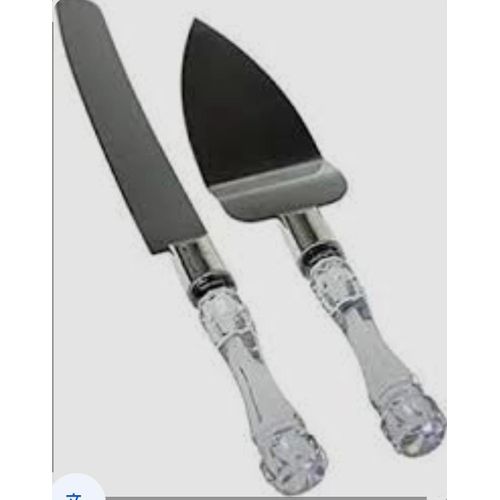 Knife and dessert stand set with clear crystal handles