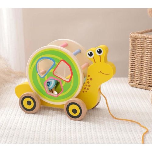 Wooden Snail Car Toy with Blocks and Pulling Wheels Toddlers, Shape Education, Attachment Draw Rope, Bright Colors, Wooden Blocks Included