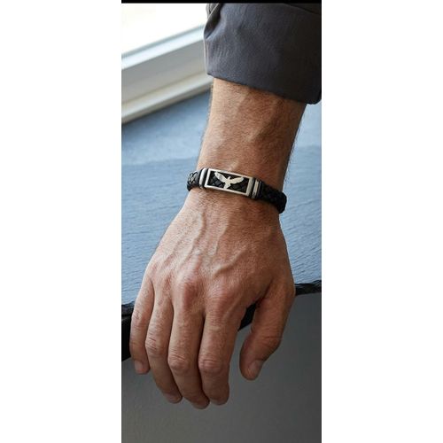 Men's bracelet luxurious black leather with a rust resistant stainless steel clasp modern eagle design