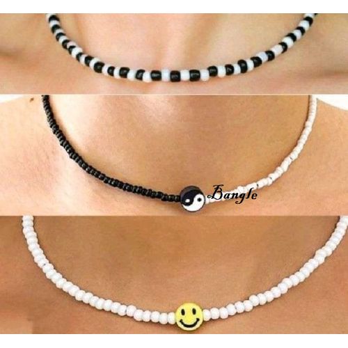 Choker Set Beads Three Necklace Black & White