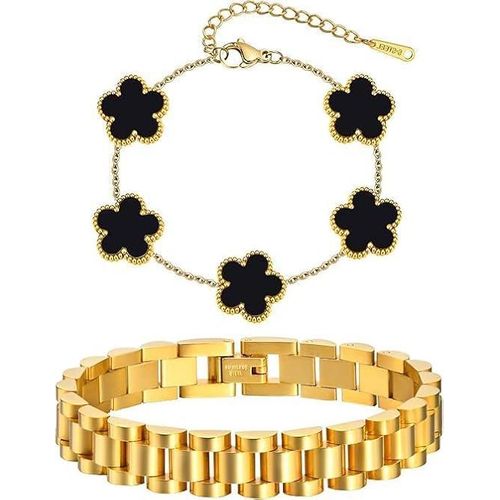 Set of gold bracelets with stackable flower design - two pieces of stainless steel bracelet that does not lose its shine, stainless steel friendship bracelet, watch bracelet,