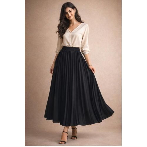 Elegant Black Pleated Midi Skirt with Elastic Waist
