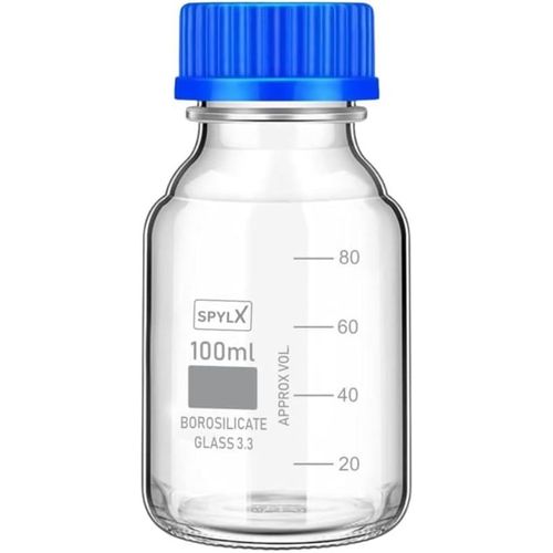 Borosilicate Glass reagent bottle 100 ml with leak proof Blue Screw Cap pack of 1 for glassware wide mouth chemical bottles for lab, laboratory, kitchen and professional use