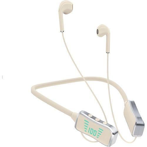 KIn KL50 Bluetooth Neckband Sports Earphones - 48-Hour Battery Life - Digital LED Display - TF Memory Card Slot - Hi-Fi Sound and Noise-Canceling Microphone - Biege