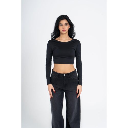 Cropped Backless Round Neck Long Sleeve - Black