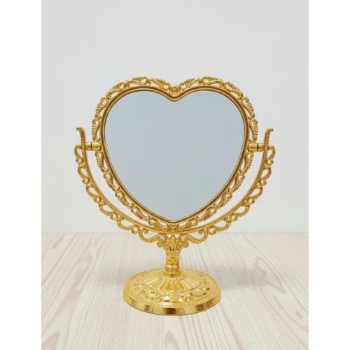 Luxury heart-shaped vanity mirror, embossed gold plastic frame, rotating tabletop mirror for makeup and beauty, classic design