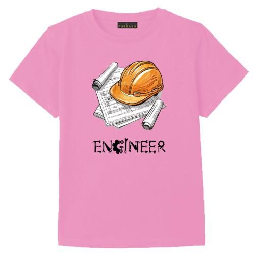 pink Cotton T-Shirt Engineer Graphic Hat Blueprint Print, Casual Style