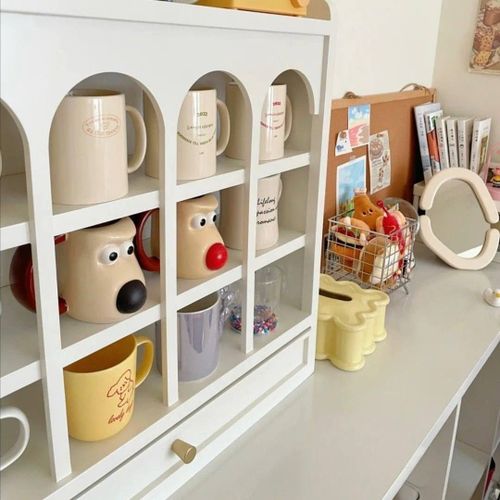 White Wooden Display Cabinet with Brackets, Cup Storage Rack, Elegant Design with Drawer, Modern Home Decor