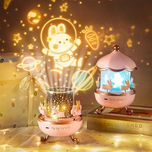 Rotating Musical Night Light, Pink and Gold, LED Christmas Decoration, Battery Plastic Night LED Lamp For Kids - Multiple Rotating Designs - Brightness Adjustment