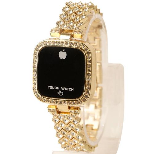 Women’s Gold Touch Watch with Black Dial and Crystal-Studded Bracelet – Elegant Square Design