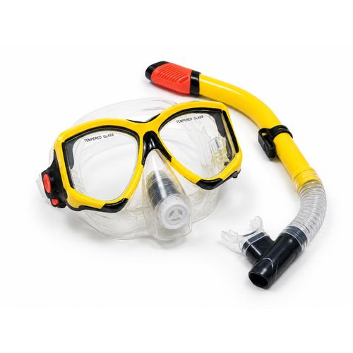 Premium Professional Dive Mask and Snorkel Set, Advanced Nose Design w/Purge Valve, Tempered Glass Lenses, Full Dry Snorkel, Silicone Skirt, for Adults - Yellow (Color May Vary)
