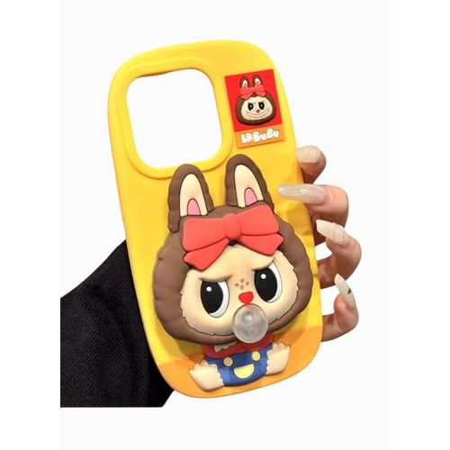 Cute 3D silicone case in the shape of a bubble-blowing Labobo doll with teeth, suitable for iPhone 13/14/15 - Yellow