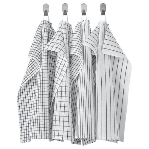 Tea towel Four grey towels with square and stripe patterns hang neatly, two with checks, two with stripes, all in white and grey cotton.