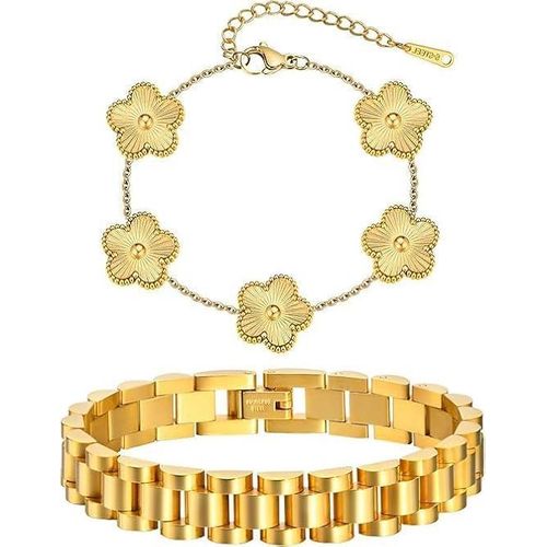 Set of gold bracelets with stackable flower design - two pieces of stainless steel bracelet that does not lose its shine, stainless steel friendship bracelet, watch bracelet,