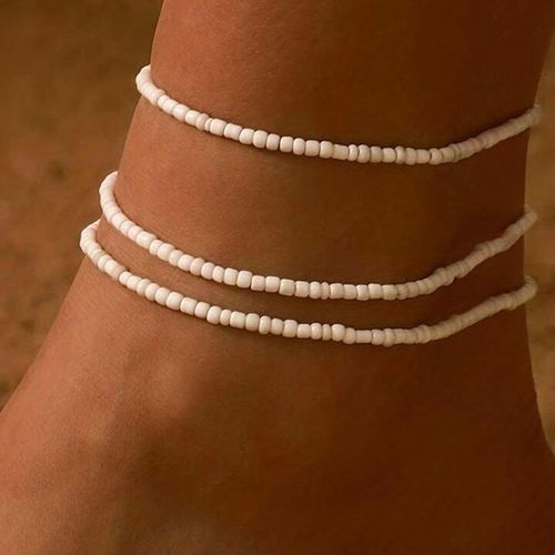 سلسلة أساور 3 قطع كاحل للنساء باللون الأبيض