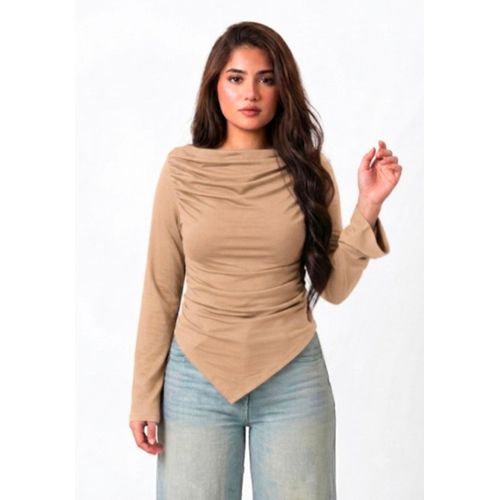 Women's Casual Basic Long-Sleeve Ruched Top with Asymmetric Hem - Beige, One Size