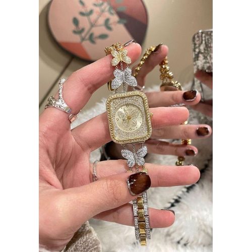 women's luxury rectangular wristwatch with baterrflay metal bracelet