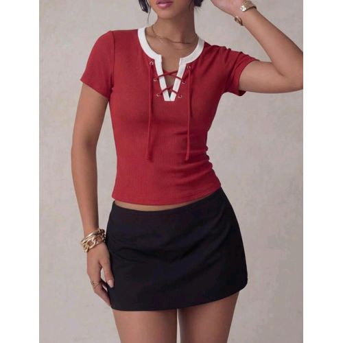 Red V-Neck Tie Design Short Sleeve T-Shirt For Women BLOUSE