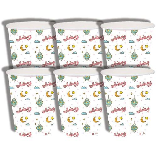 Ramadan Theme paper cups White with Colorful Islamic Pattern, Set of 6, Moon and Lantern Design