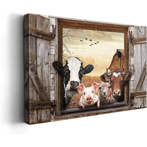 Kasluolo Farmhouse Animals Cow in Fake Window Wall Art Farmhouse Animals Landscape Picture Country Painting Wall Décor for Bathroom Bedroom Office Framed Artwork 12x16 inch