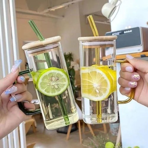 Square design mug with straw and airtight bamboo lid, suitable for all hot and cold drinks (1 piece)