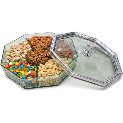 Acrylic Tasley Serving Plate 5 Sections with Bear Lid Transparent Dishwasher Safe for Nuts Candy