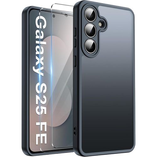 غطاء مطفي لهاتف سامسونج جالاكسي S25 FE 5G مع 2 واقي شاشة زجاجي مقوى، حماية شاملة للعدسة وغطاء خلفي شفاف مطفي، حافظة لحماية الكاميرا مقاومة للصدمات لهاتف سامسونج S25 FE - أسود