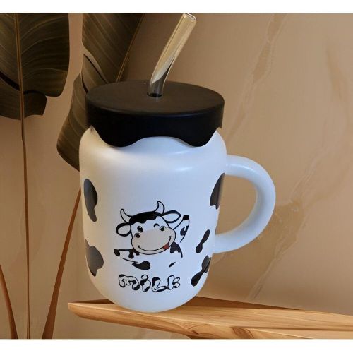 Cow Cup - Large 470ml Jumbo Silicone Milk Drinking Glass with Lid and Straw, Stylish Design for Kids