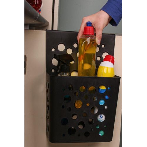 A versatile basket that attaches to the inside of your kitchen door to organize your kitchen and household cleaning supplies.