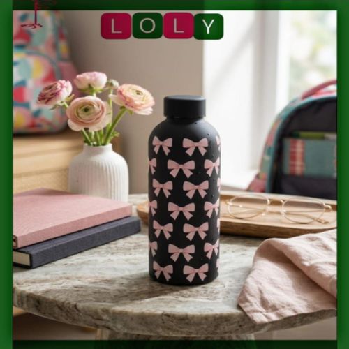 زجاجة ماء من الفولاذ المقاوم للصدأ سوداء بنقشة فيونكة وردية سعة 500 مل مصنوعة من معدن آمن غذائيا