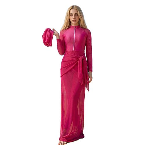3-Piece Junior Modest Swimwear Set – Long Sleeve Jumpsuit with Vibrant Fuchsia Turban & Scarf