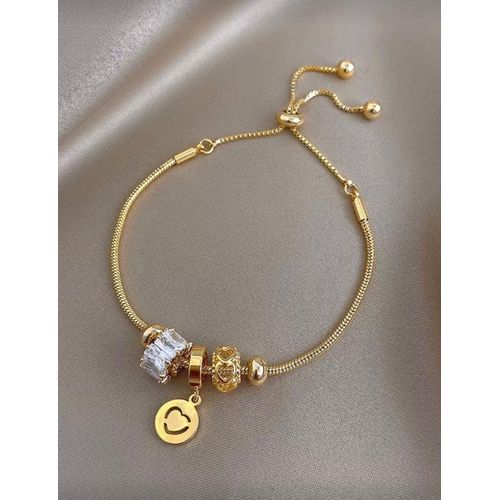 Gold-Tone Chain Bracelet with Crystal and Heart Pendants