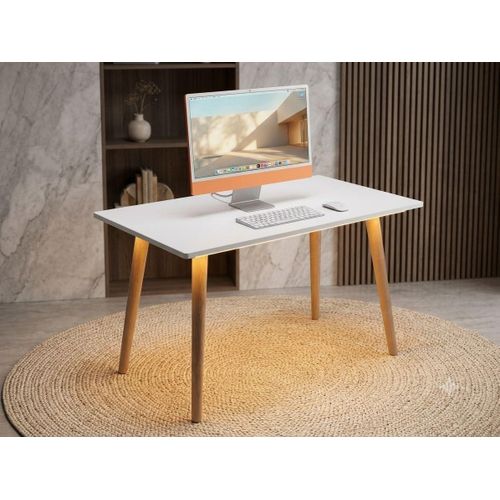 Stylish desk with a modern design – white MDF top and natural wood legs – ideal for work and study (90 x 60 cm) (White, 1) /// Warm yellow lighting for a beautiful touch and charming illumination