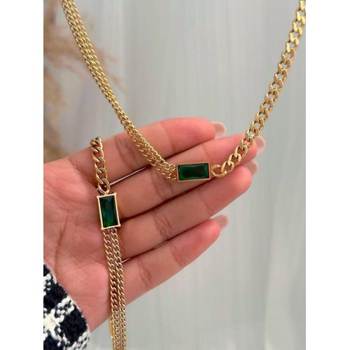 Luxury Women's Gold-Plated Set (Necklace & Bracelet) with Emerald Green Rectangle Stone.