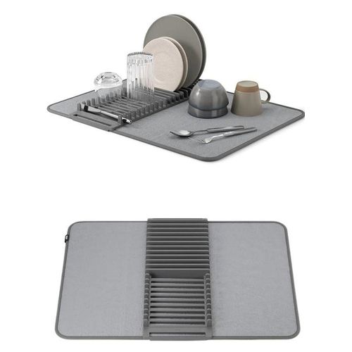 Dish Rack and Microfiber Drying Mat â€“ Space-Saving Design Folds Up for Easy Storage, Basic Rack, Gray