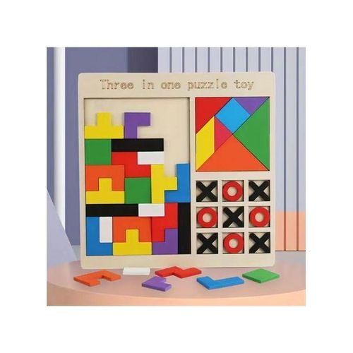 Wooden Tangram Puzzle for Kids 40 Pieces Montessori Brain Teaser Blocks Game Educational Wooden Toys for Toddlers (Wooden 3in1 Puzzle)