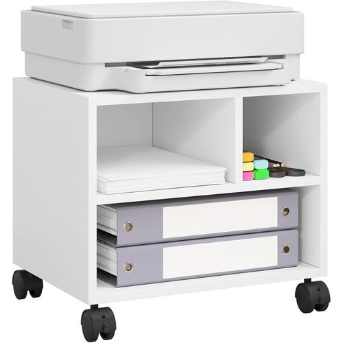 ASK06ws Printer Trolley with 3 Open Compartments, Cabinet with Wheels, Wooden Printer Stand, File Folder for Study, Office, 40 x 30 x 35 cm, White