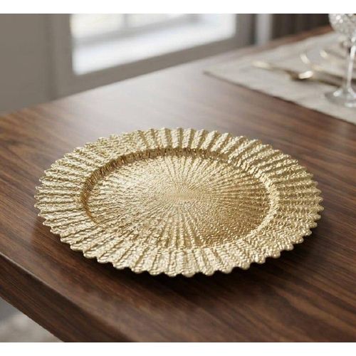 Share this product Round Plastic Serving Tray 33 cm Gold – Decorative Charger Plate – Coffee, Tea - Dessert Serving Tray – Table Decoration Plate for Parties, Weddings - Home Dining