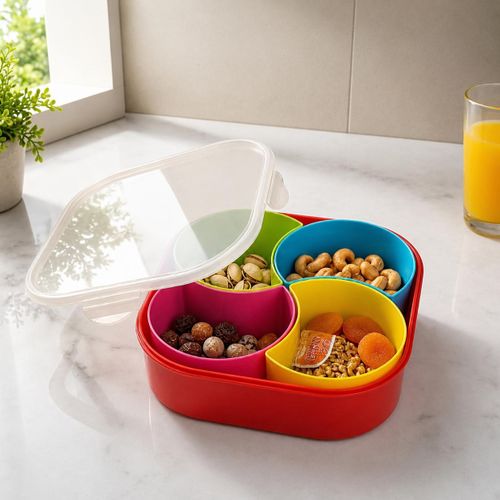 4 Compartment Snack Organizer Box with Lid – Divided Food Storage & Serving Tray for Nuts, Candy, Dried Fruits and Snacks