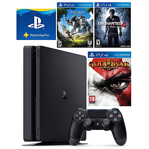 Buy Sony PlayStation 4 Slim - 500GB Gaming Console - Black + God of War III Remastered + Uncharted 4 + Horizon: Zero Dawn + PlayStation Plus Subscription - UAE Account - 90 Days in Egypt